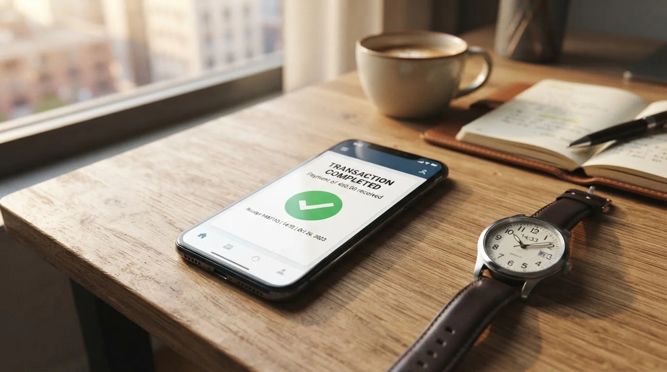 Smartphone displaying e-wallet transaction completion with checkmark and timestamp