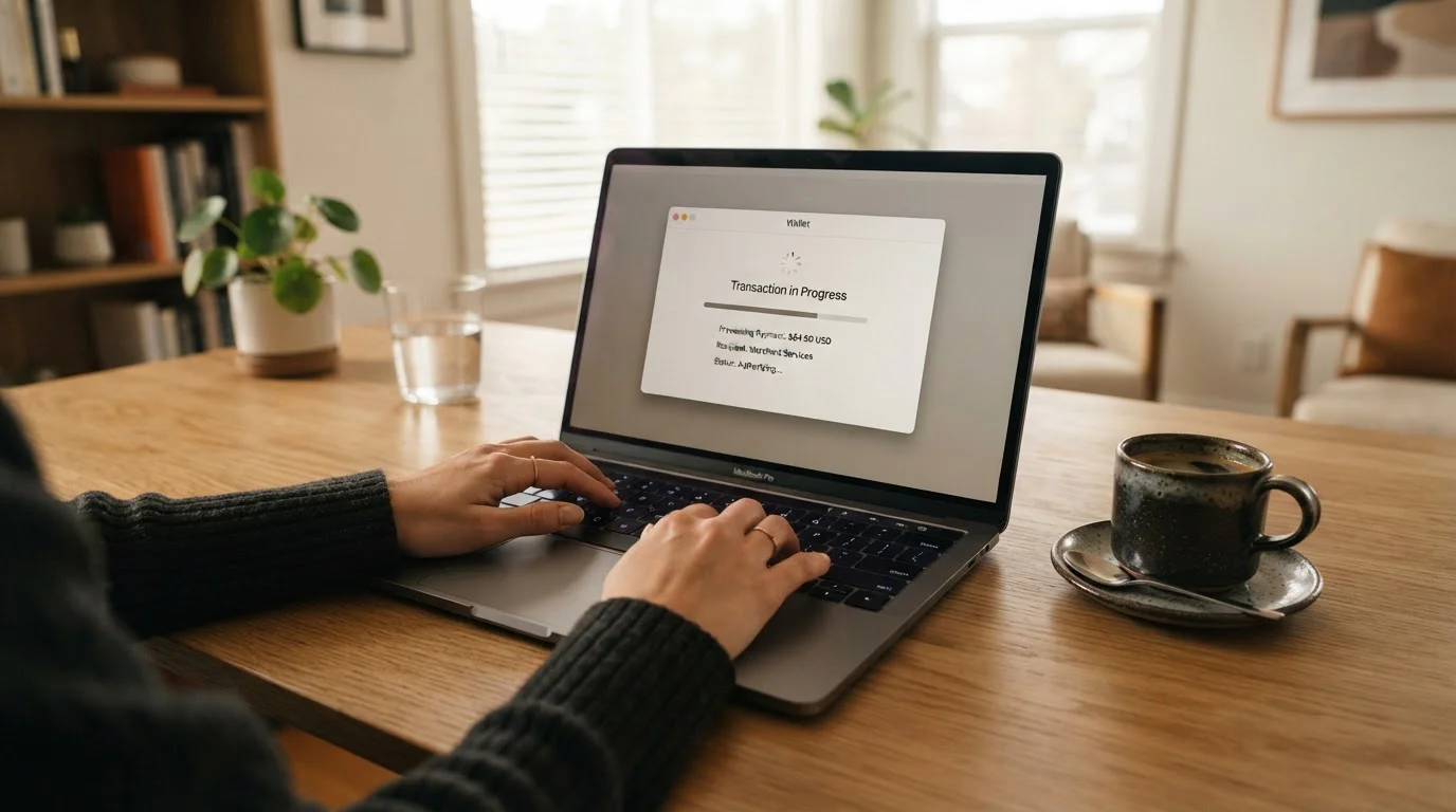 Hands typing on laptop with digital wallet transaction in progress