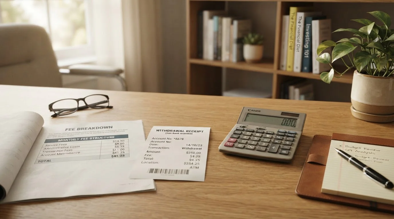Calculator and withdrawal receipt showing e-wallet fee breakdown and processing times