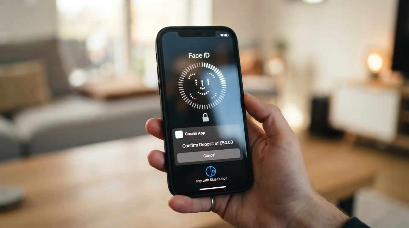 iPhone showing Face ID authentication with casino deposit screen