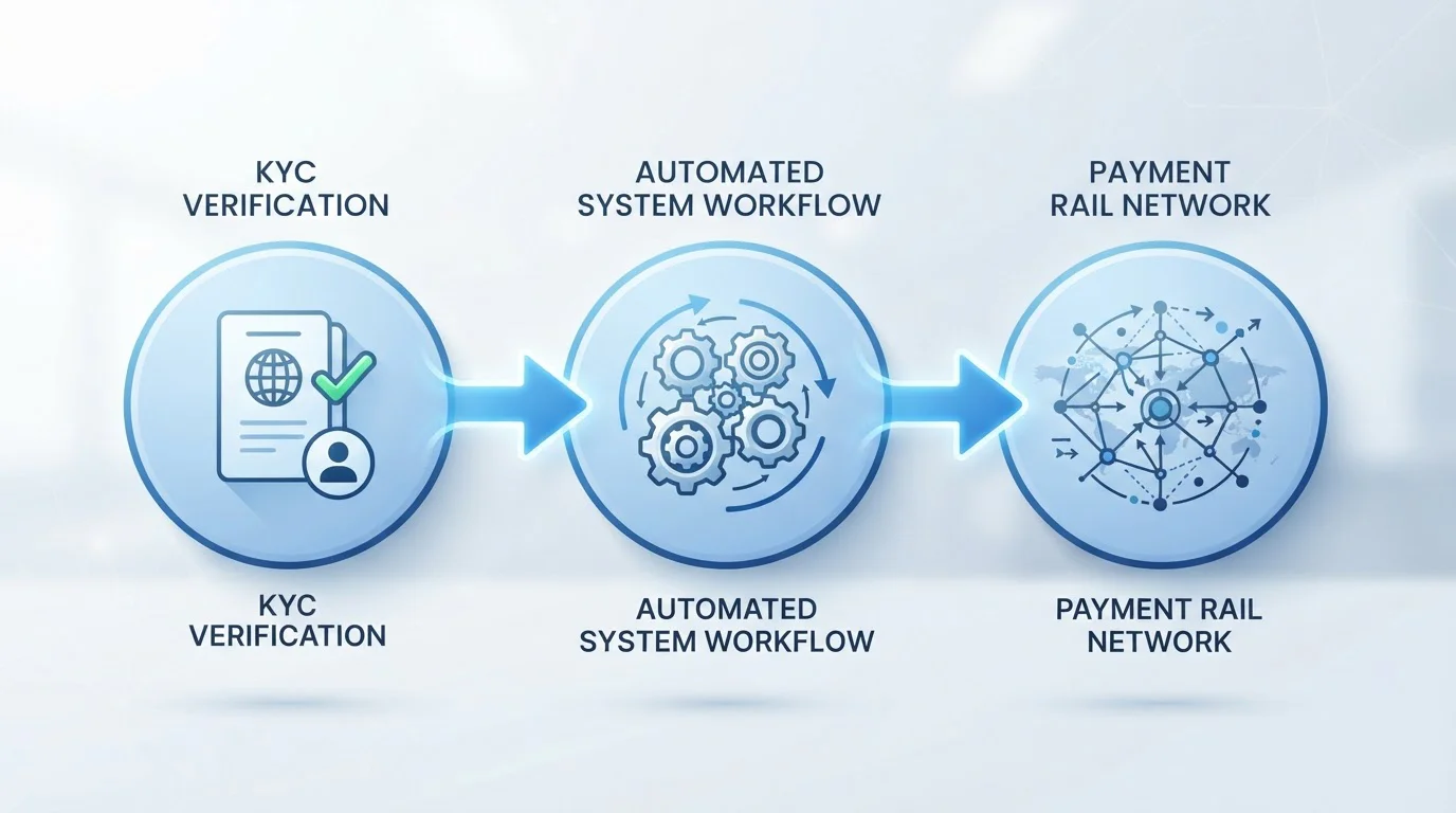 Diagram showing three factors: KYC verification timing, automated vs manual approval queues, and payment rail infrastructure