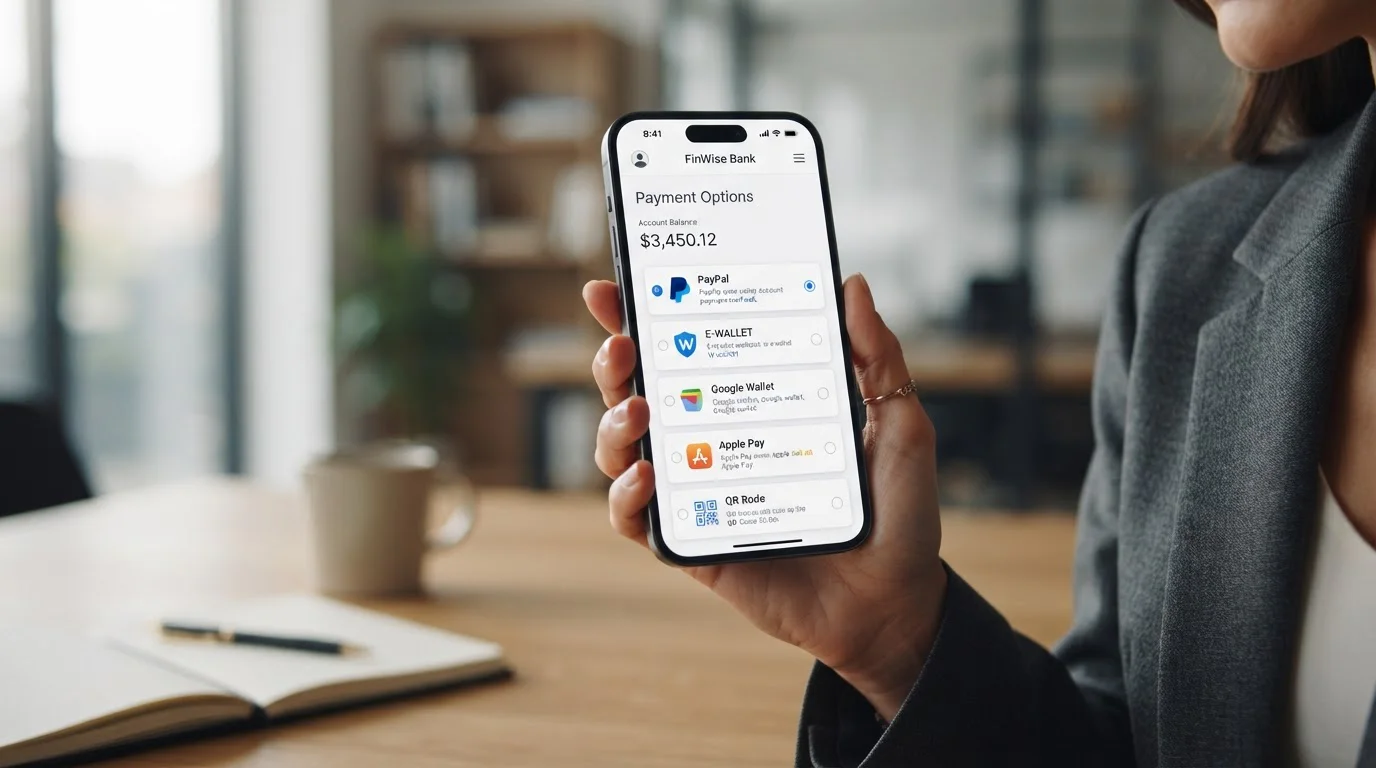 PayPal and e-wallet payment icons on a mobile banking interface with clean modern design