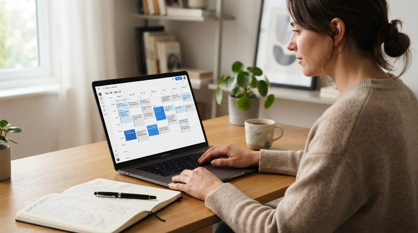 Person at laptop checking free spins calendar showing 10-day delivery schedule