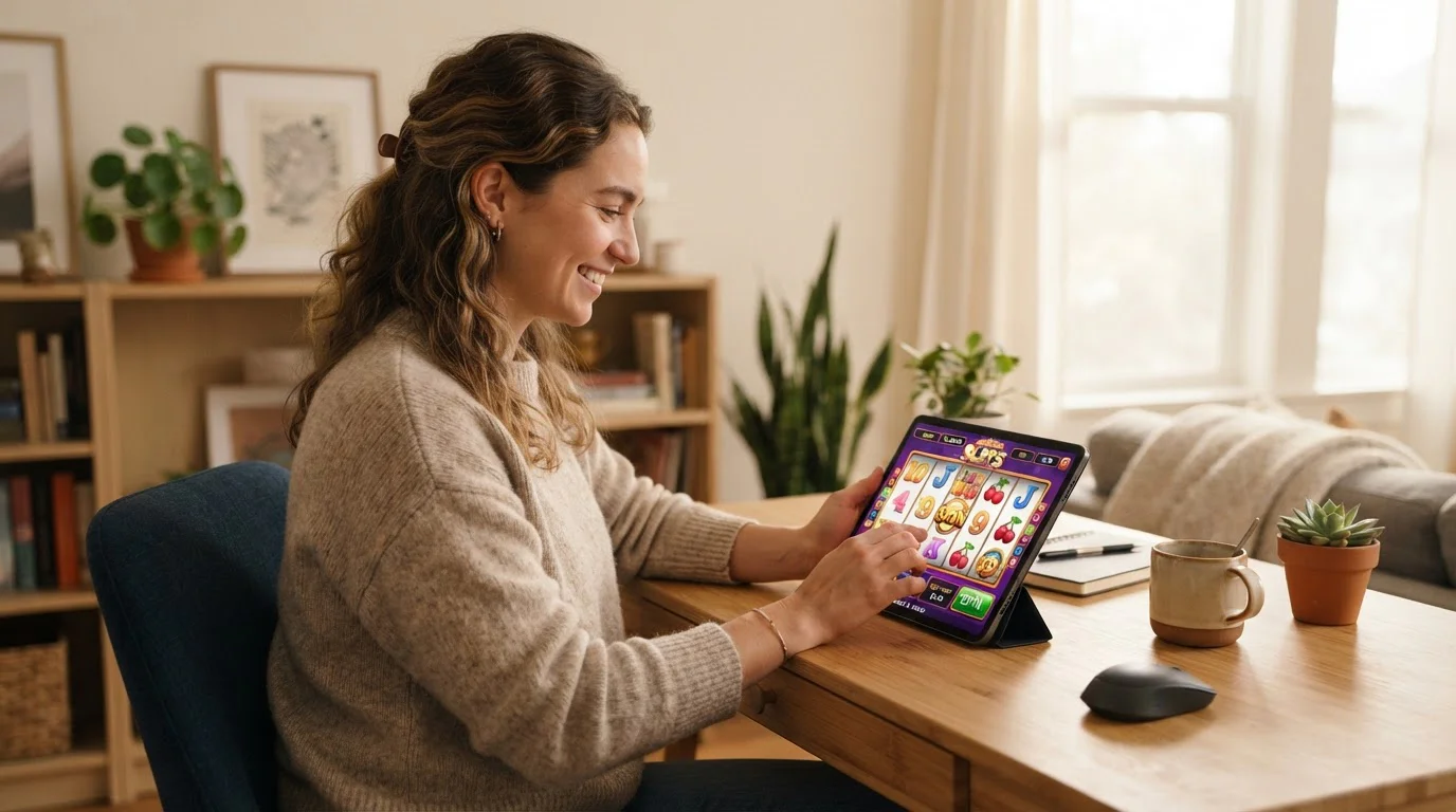Person playing online slots on tablet at home desk with coffee cup nearby