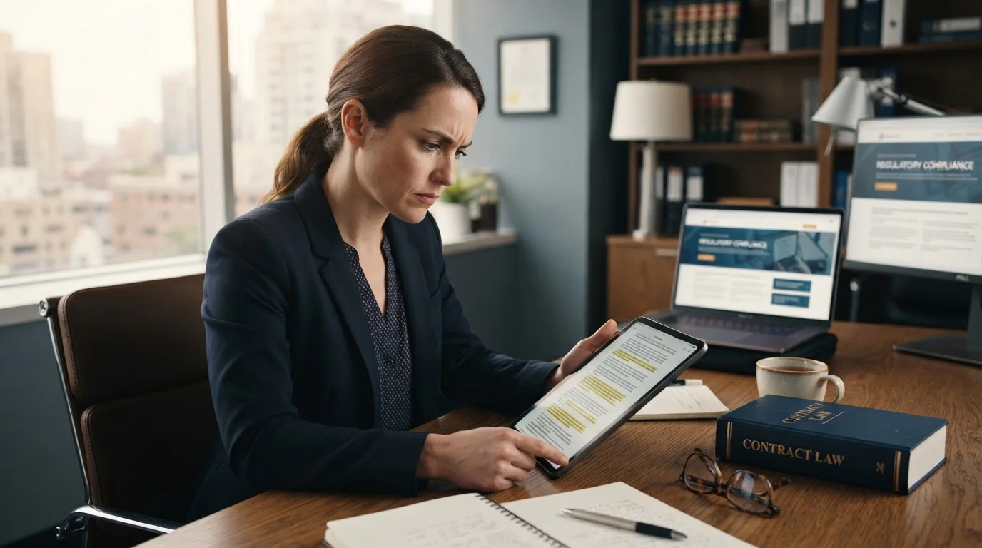 Person reading a legal contract document on a tablet at a desk in a professional office