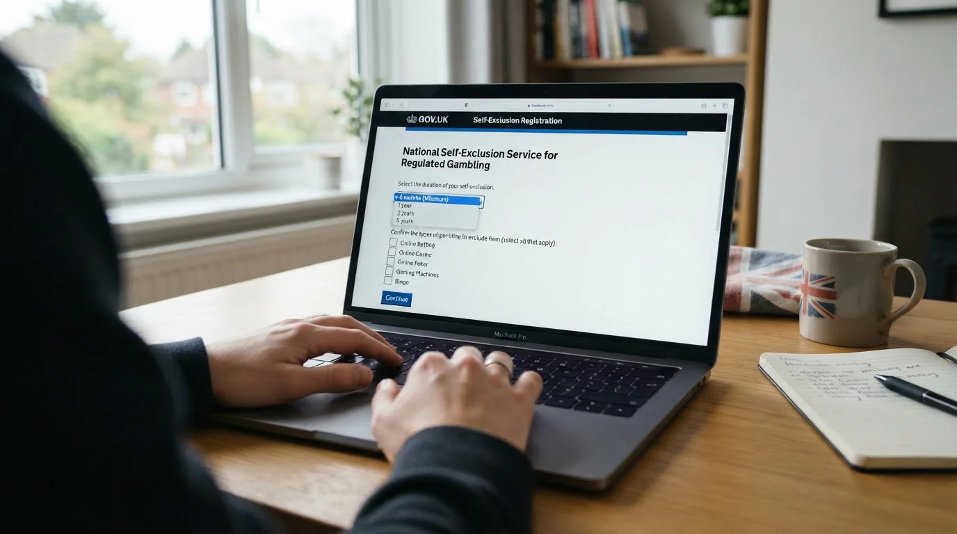 GamStop self-exclusion enrollment interface on laptop screen