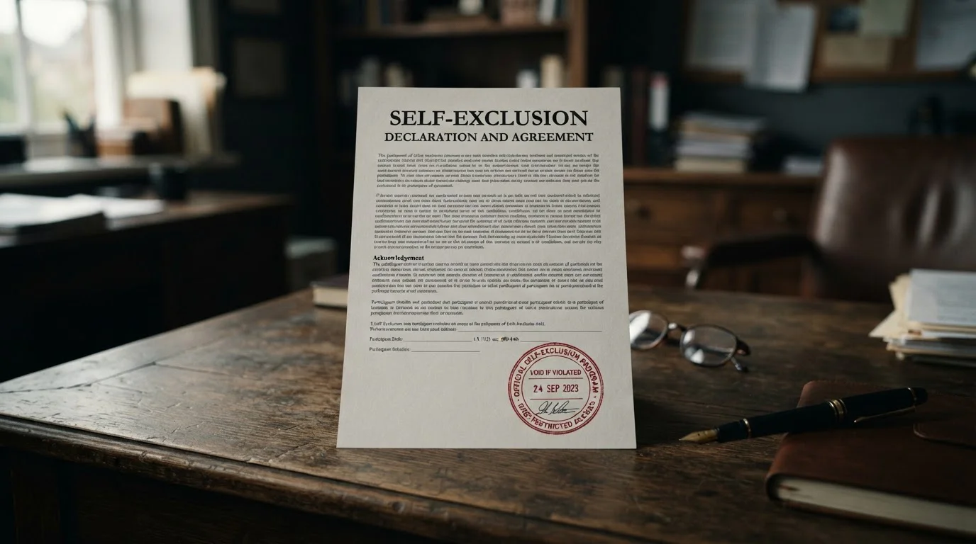 Official self-exclusion document with red warning stamp on desk