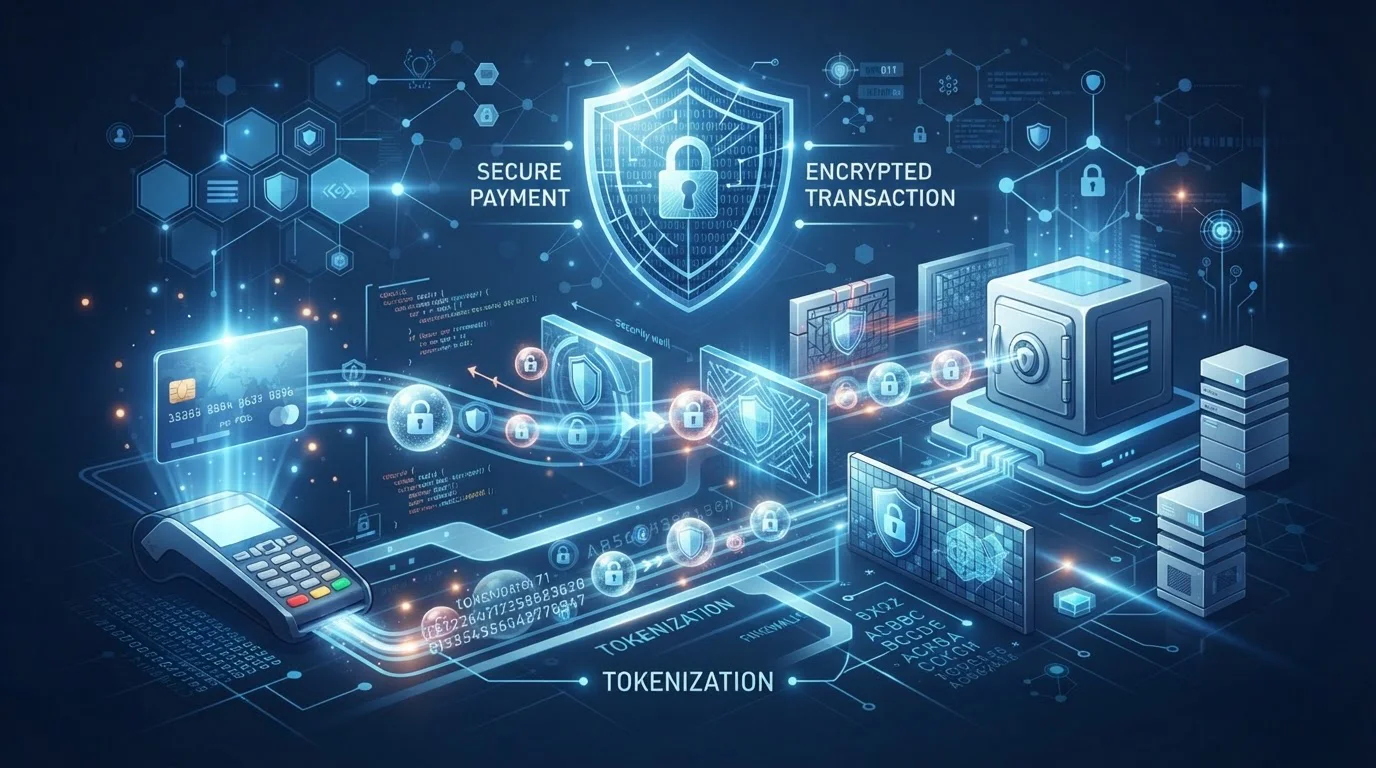 Secure payment technology illustration showing tokenisation and encryption