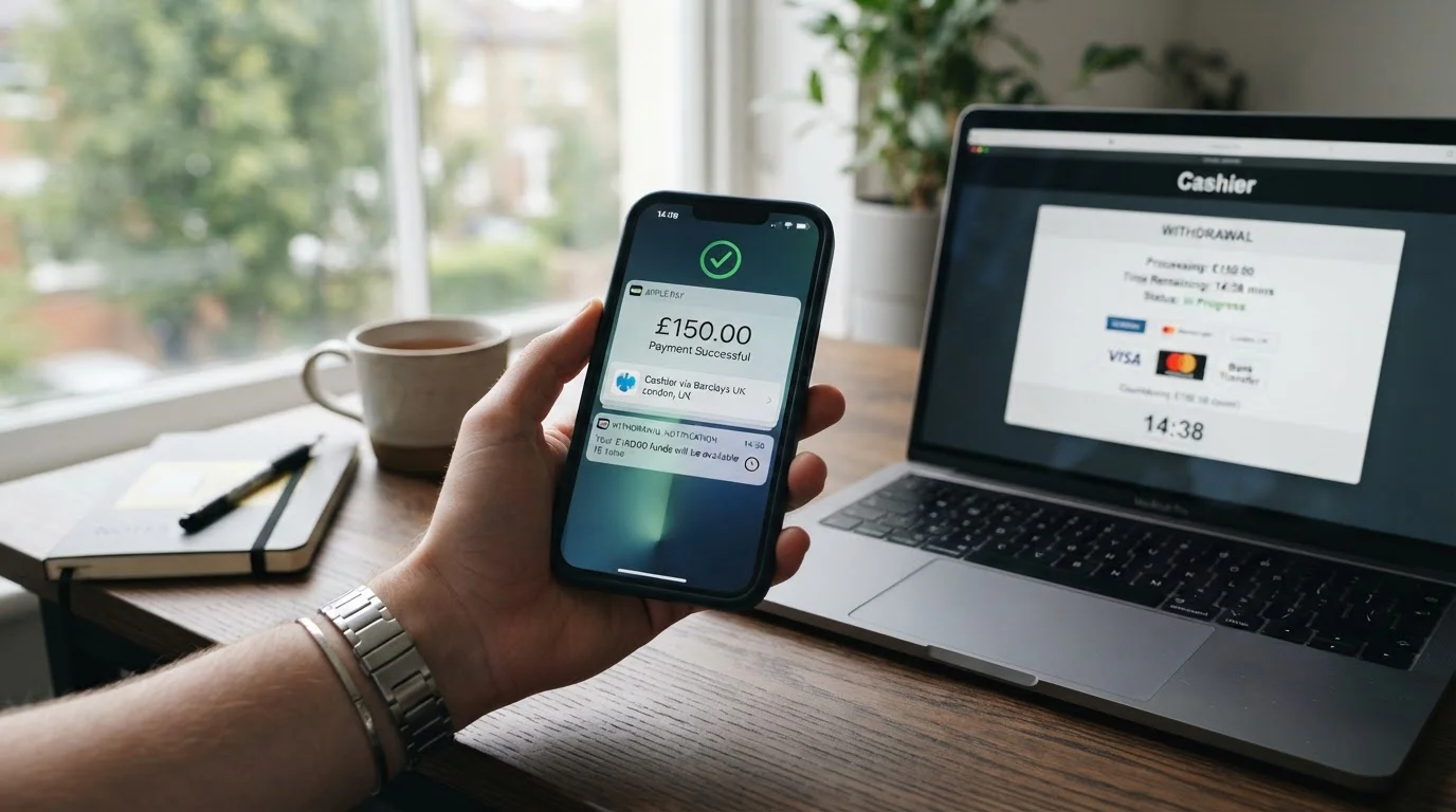 Grosvenor casino cashier interface showing Apple Pay 15-minute withdrawal option
