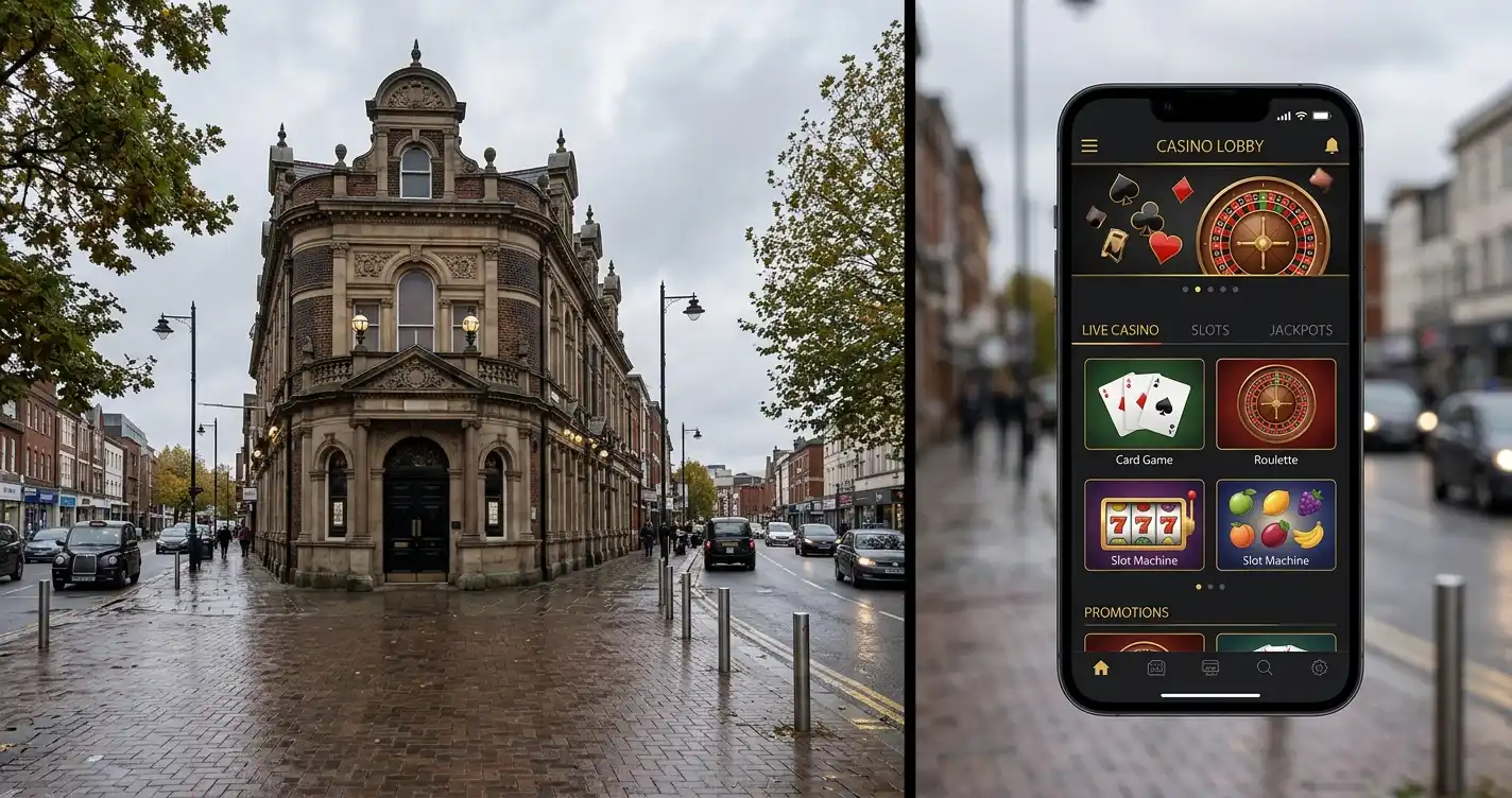 Grosvenor Casino land-based venue exterior with online platform on mobile device