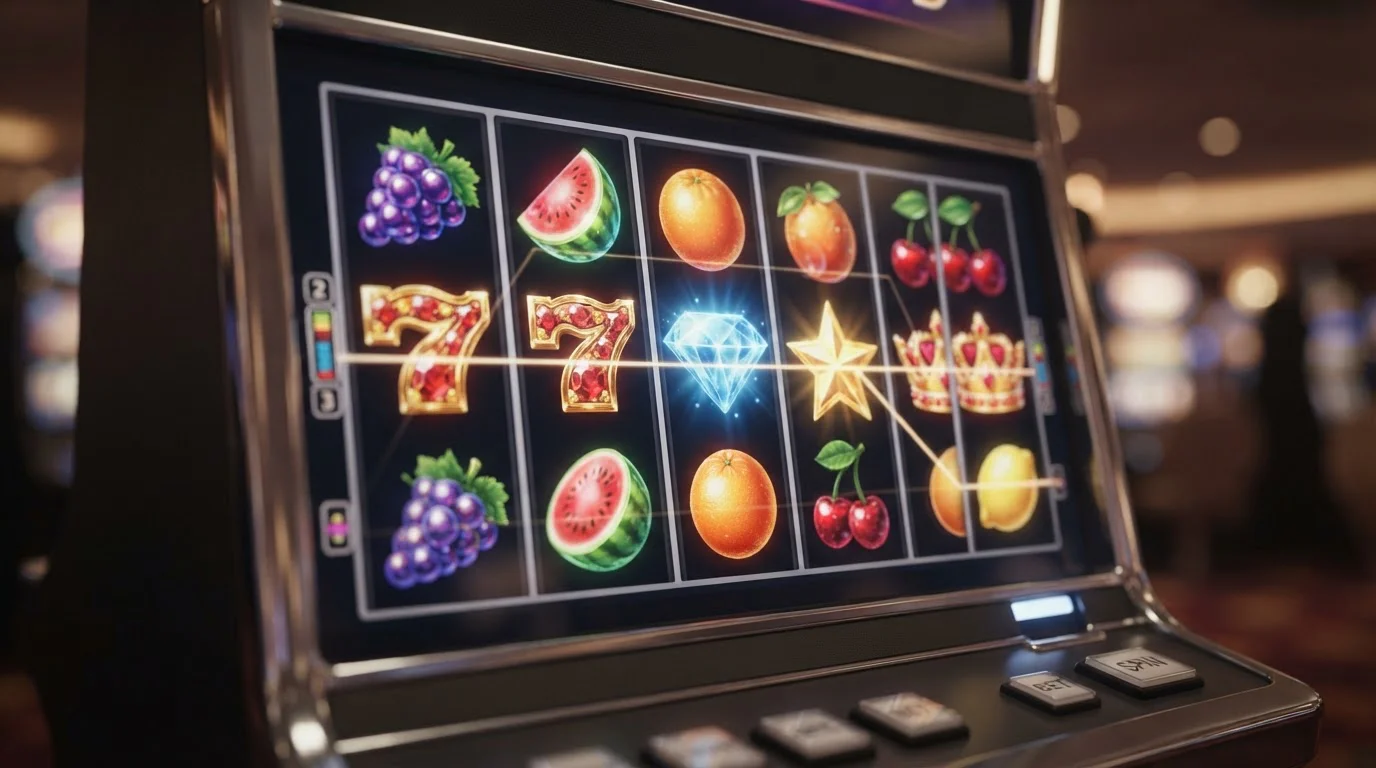 Close-up of slot game reels showing high-value symbols and clean interface design