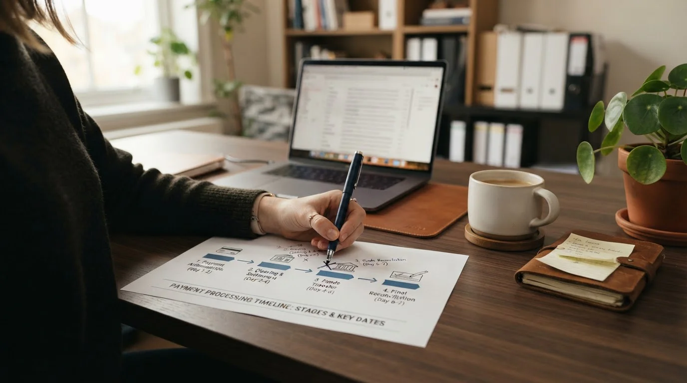 Timeline document showing payment processing stages with pen and coffee cup on desk