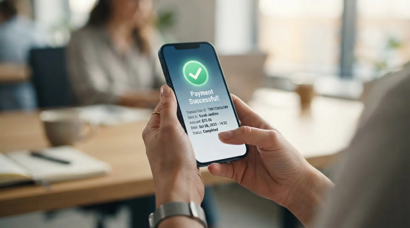 Hands holding smartphone showing instant bank deposit confirmation with green checkmark