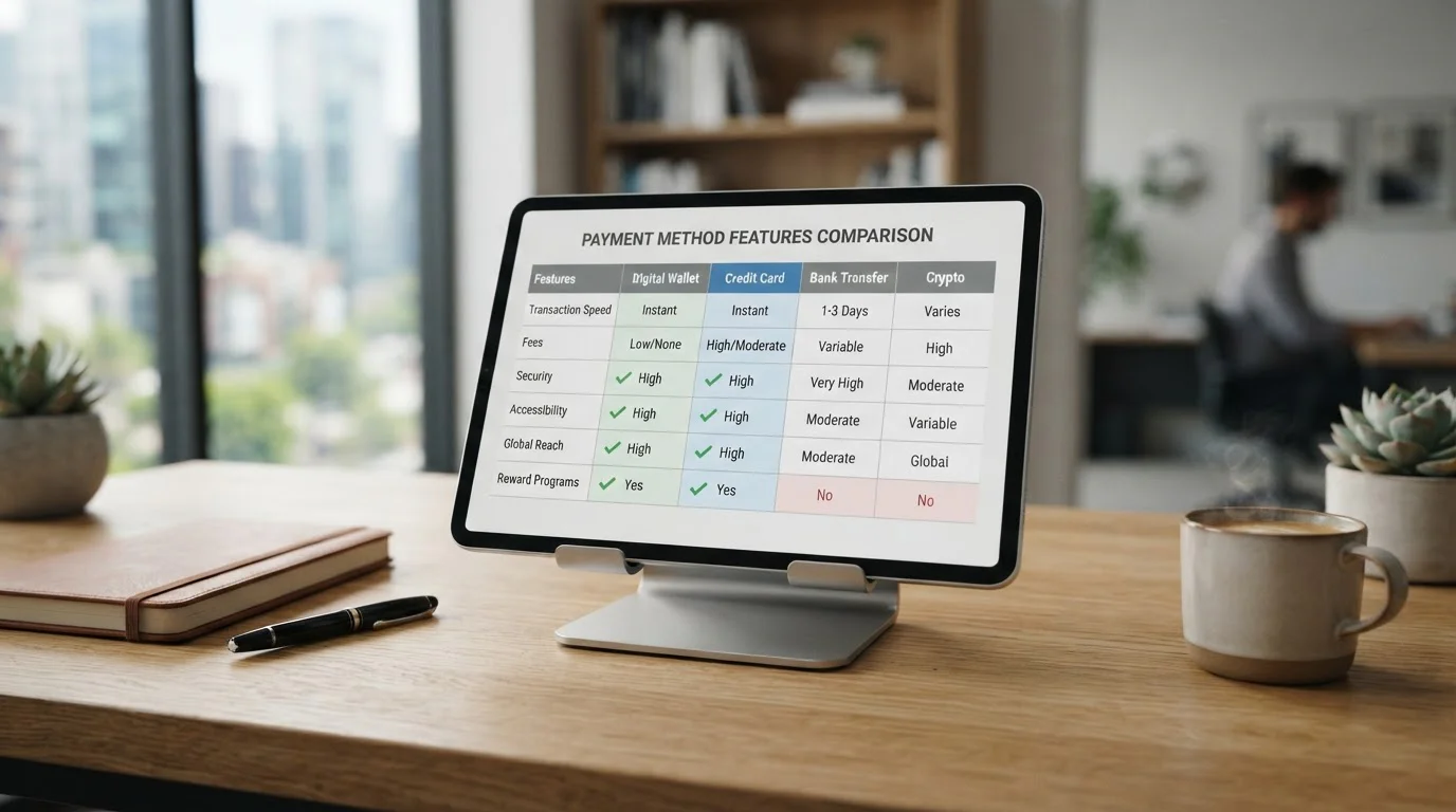 Comparison chart of instant banking methods with checkmarks for features