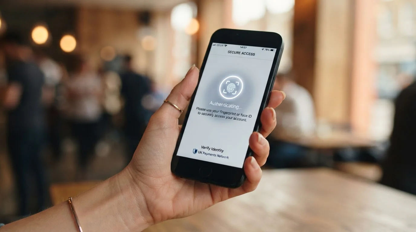 Smartphone showing UK banking app authentication screen with biometric security prompt
