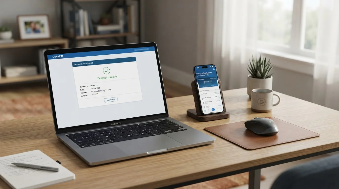 Clean modern desk with laptop showing casino deposit confirmation and smartphone displaying banking app balance update