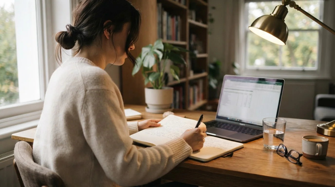 Person at a desk comparing operator details written in a notepad next to an open laptop
