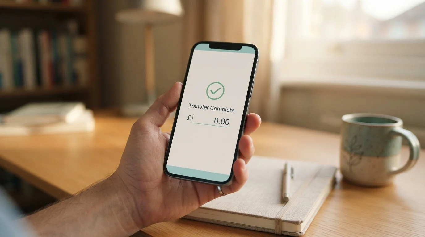 Mobile wallet application open on a phone screen with a bank transfer confirmation visible