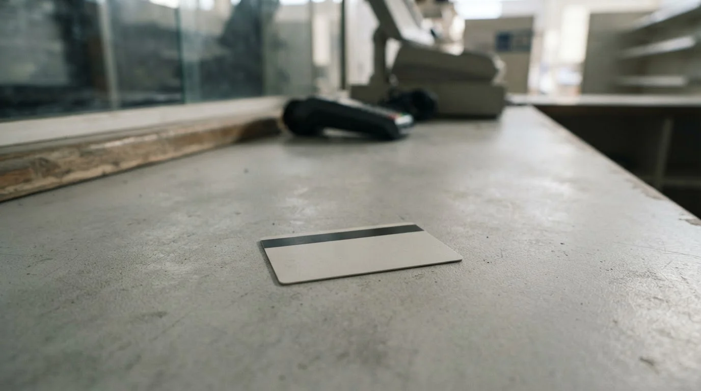 Blank prepaid voucher card lying face down on an empty retail counter