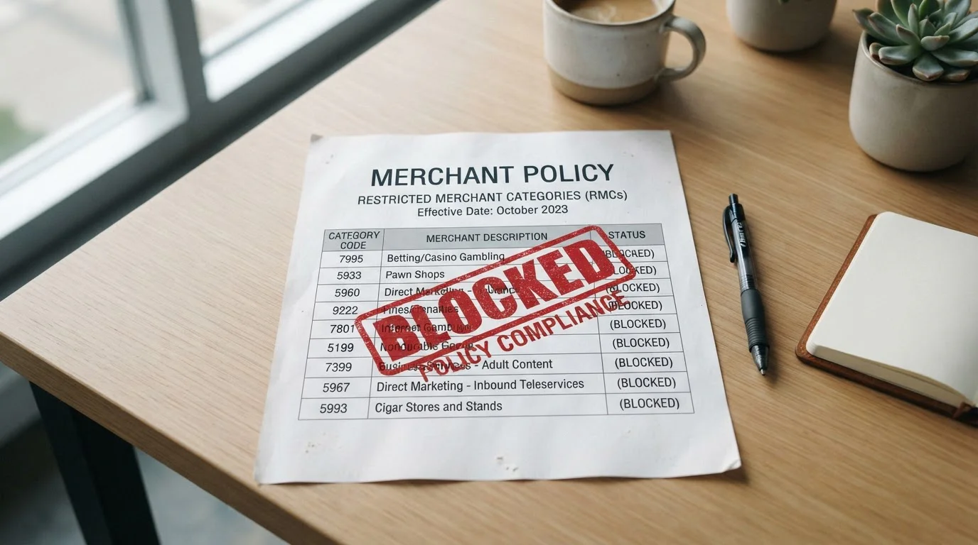 Merchant policy document showing restricted category codes for gambling transactions