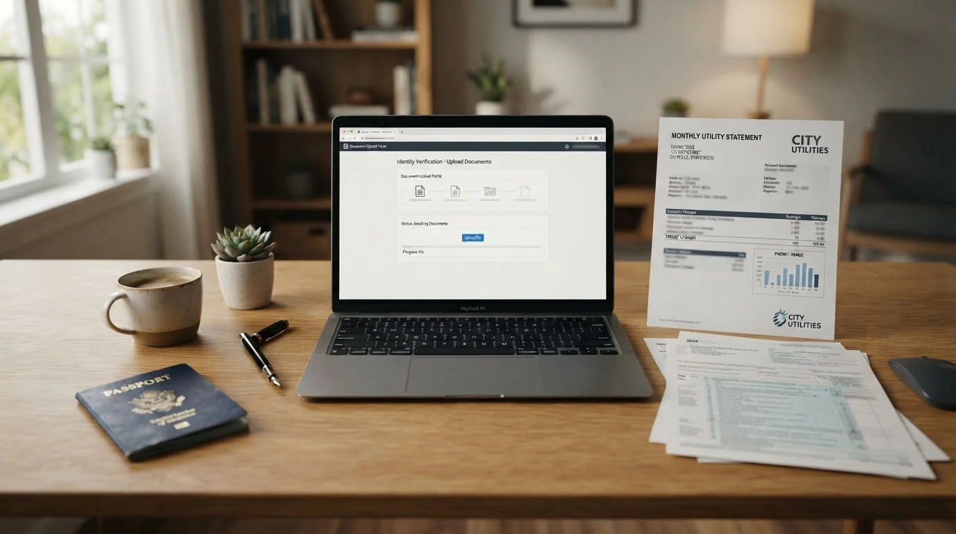 Identity documents and laptop showing upload interface on desk