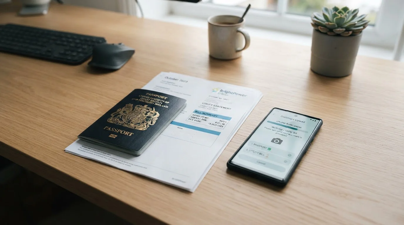 Passport and utility bill documents prepared for online casino identity verification process