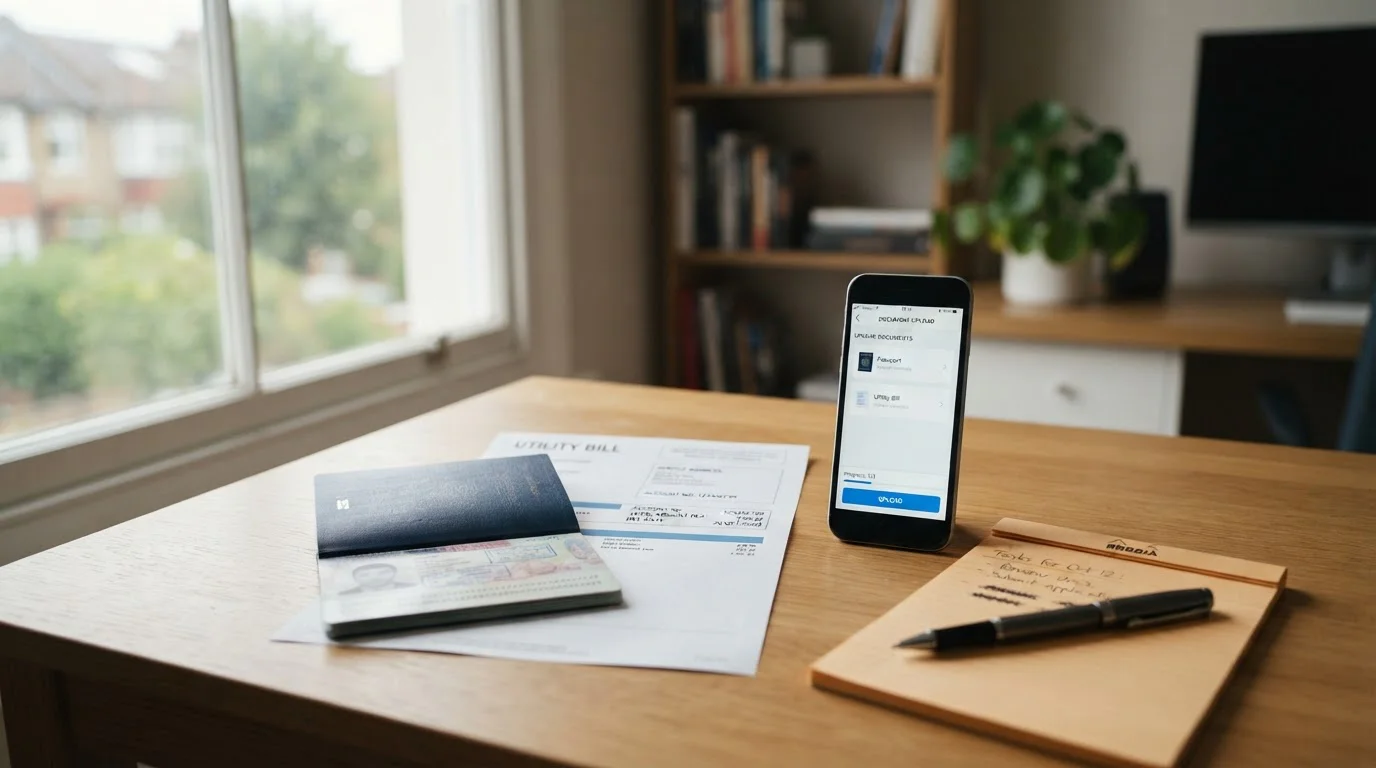 Desk with passport, utility bill, and smartphone displaying document upload interface