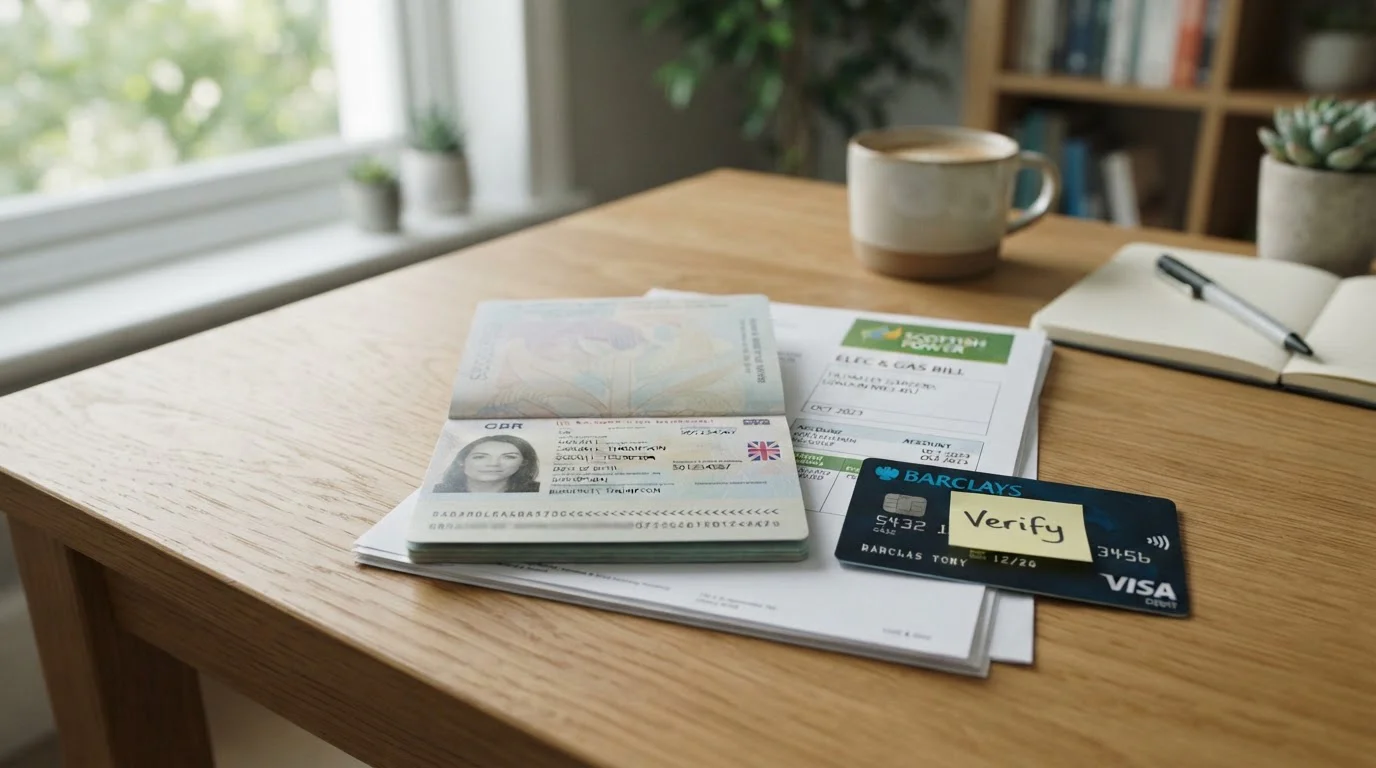 Stack of verification documents required for UK casino withdrawal: passport, utility bill, debit card photo