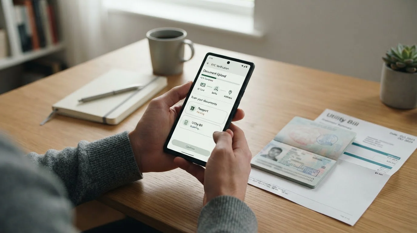 Mobile phone showing KYC document upload interface with passport and utility bill