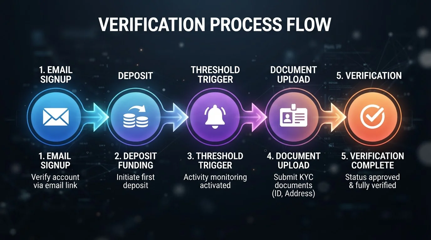 Workflow diagram showing five verification steps from email signup to document upload