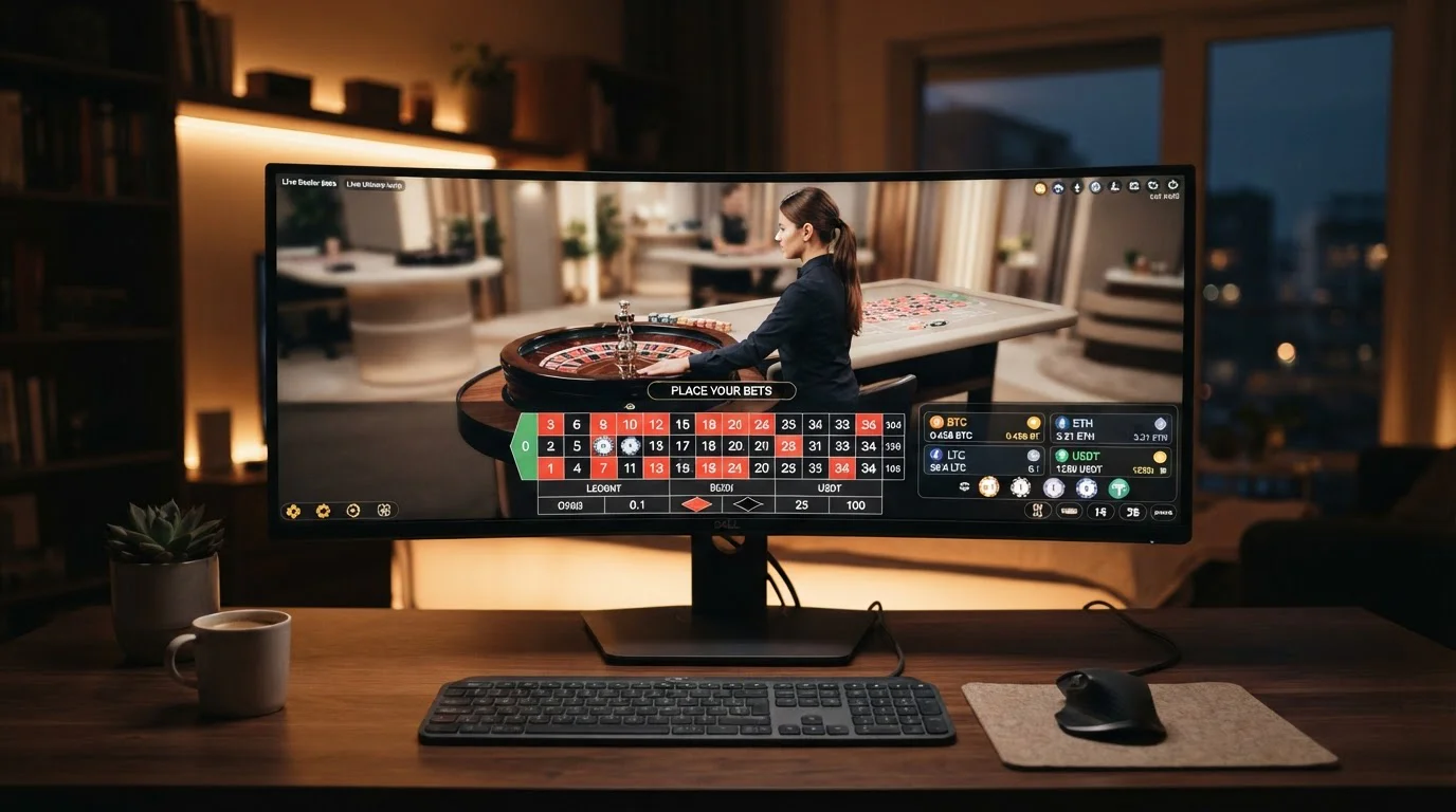 Evolution Gaming live dealer roulette table interface with cryptocurrency betting options