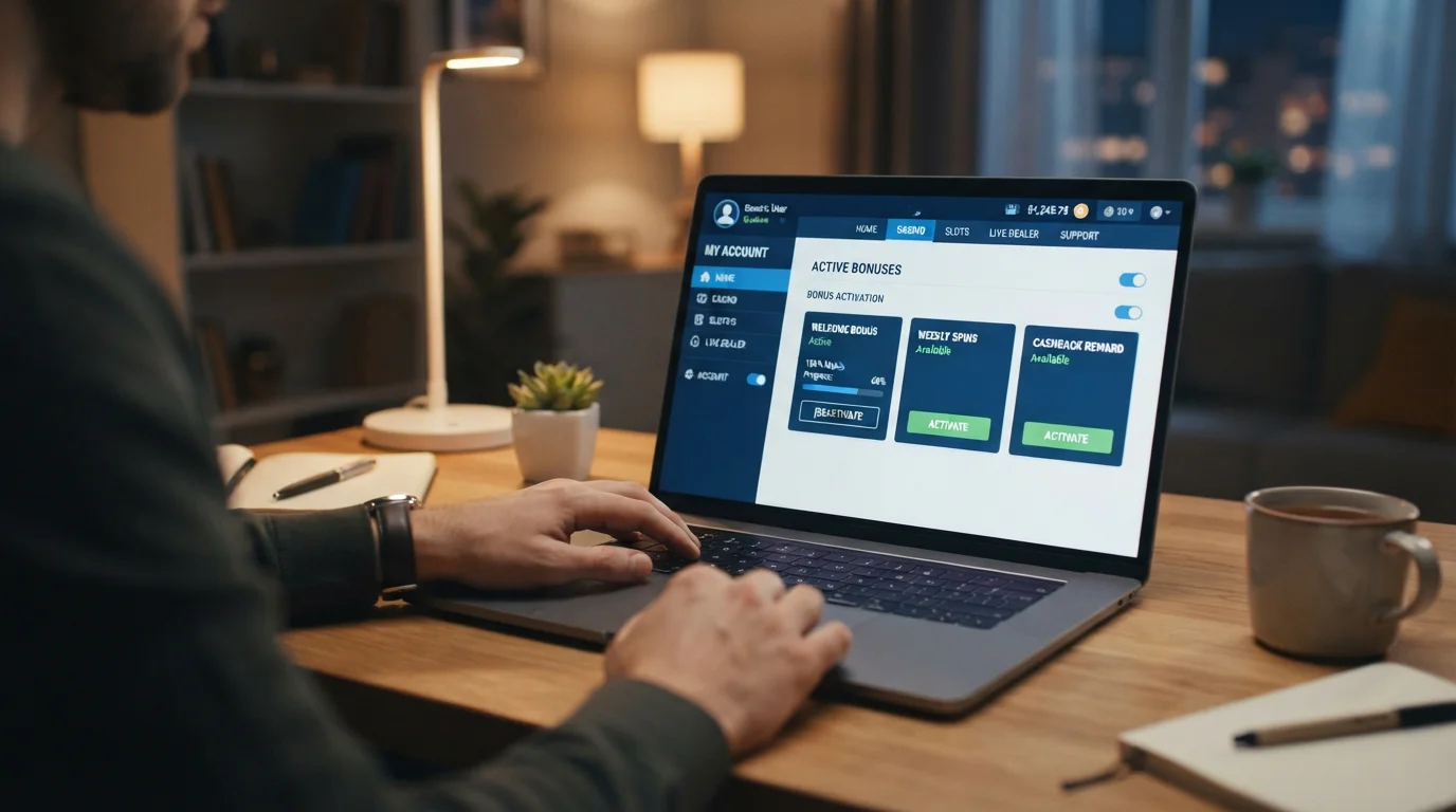 Laptop screen showing bonus activation interface with loss-back mechanism explained