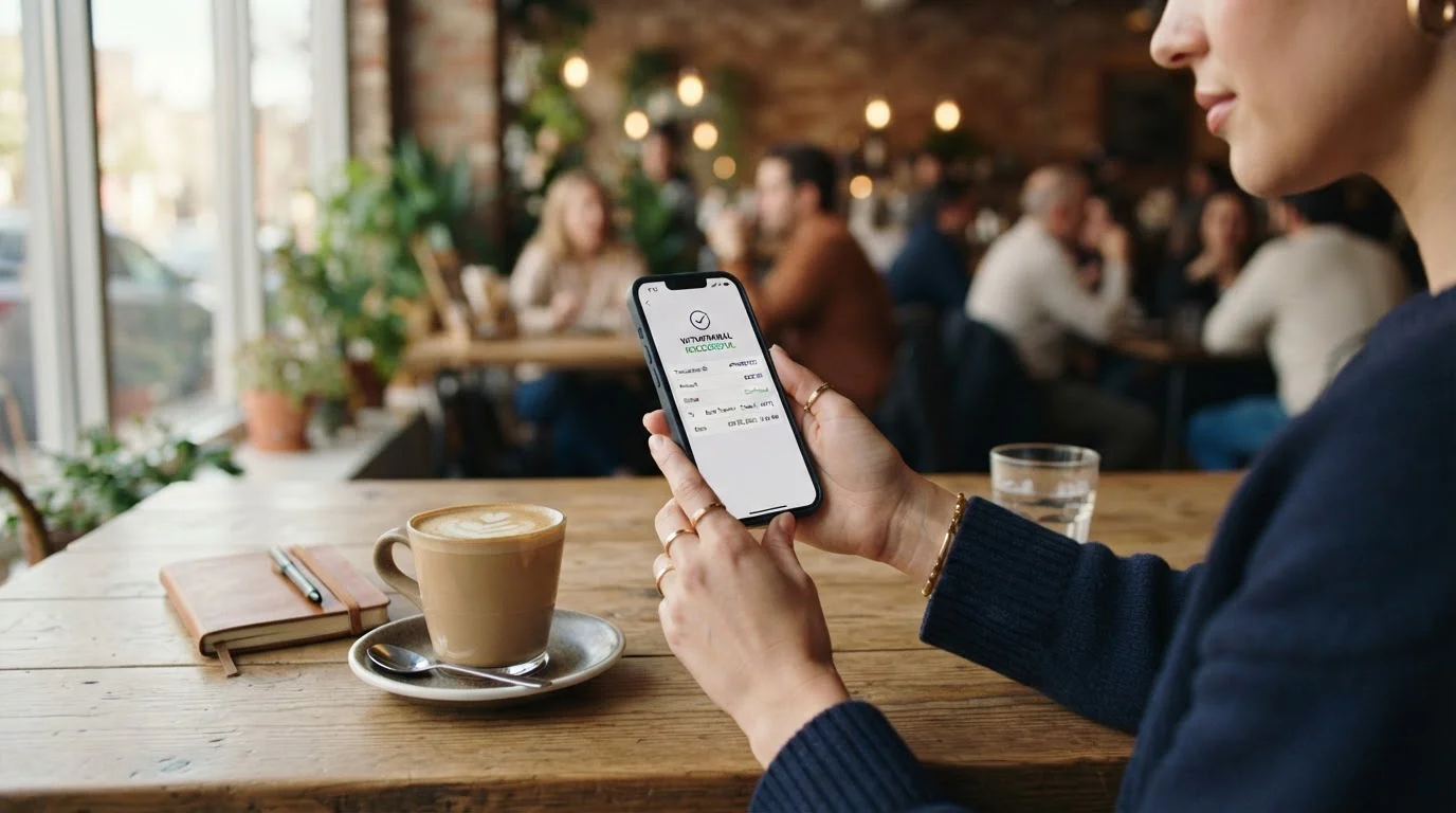 Hands holding smartphone showing casino withdrawal interface at cafe table