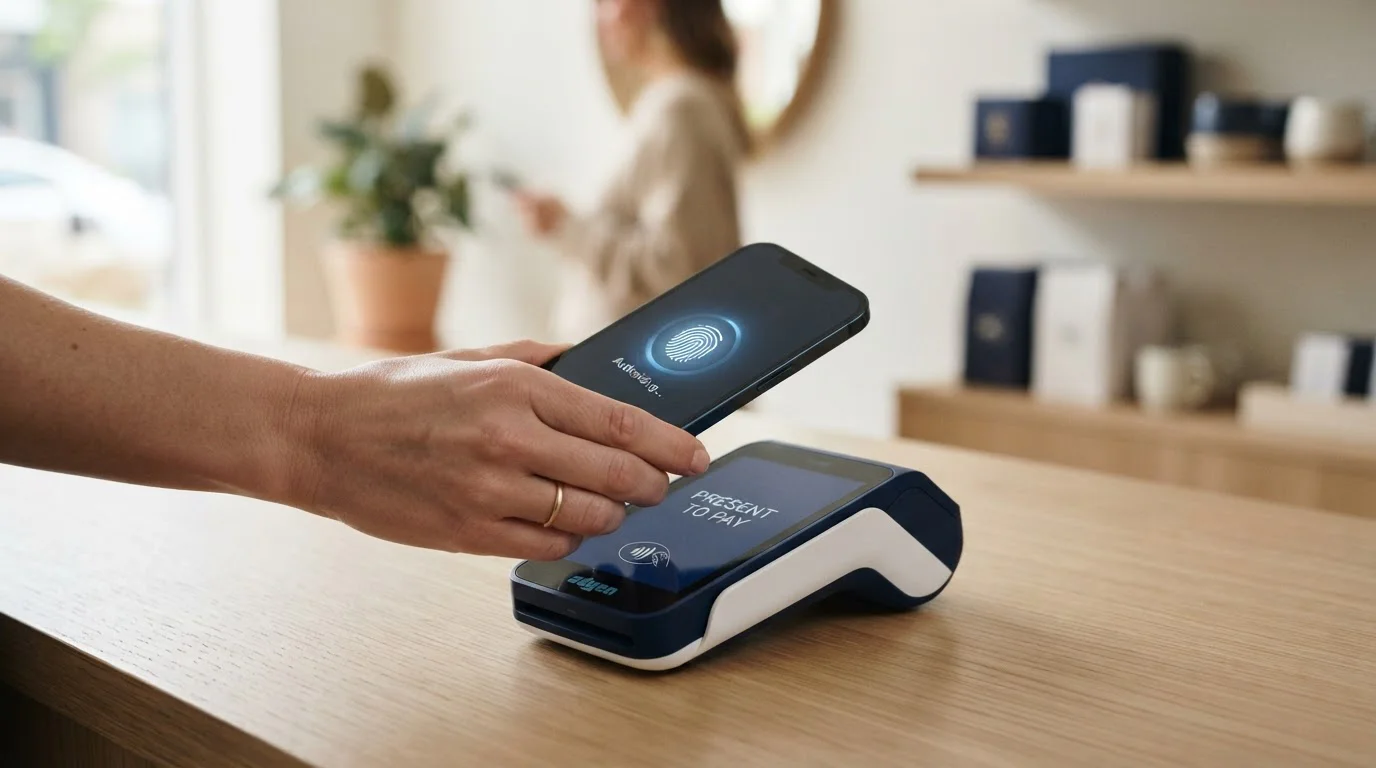 Hand holding smartphone with fingerprint authentication icon above payment terminal