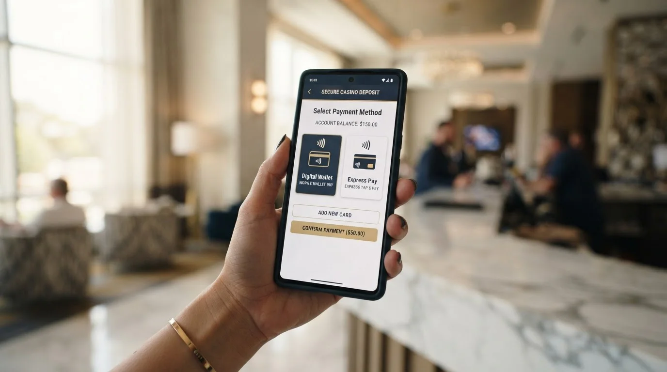 Smartphone displaying Apple Pay and Google Pay icons with UK casino payment interface