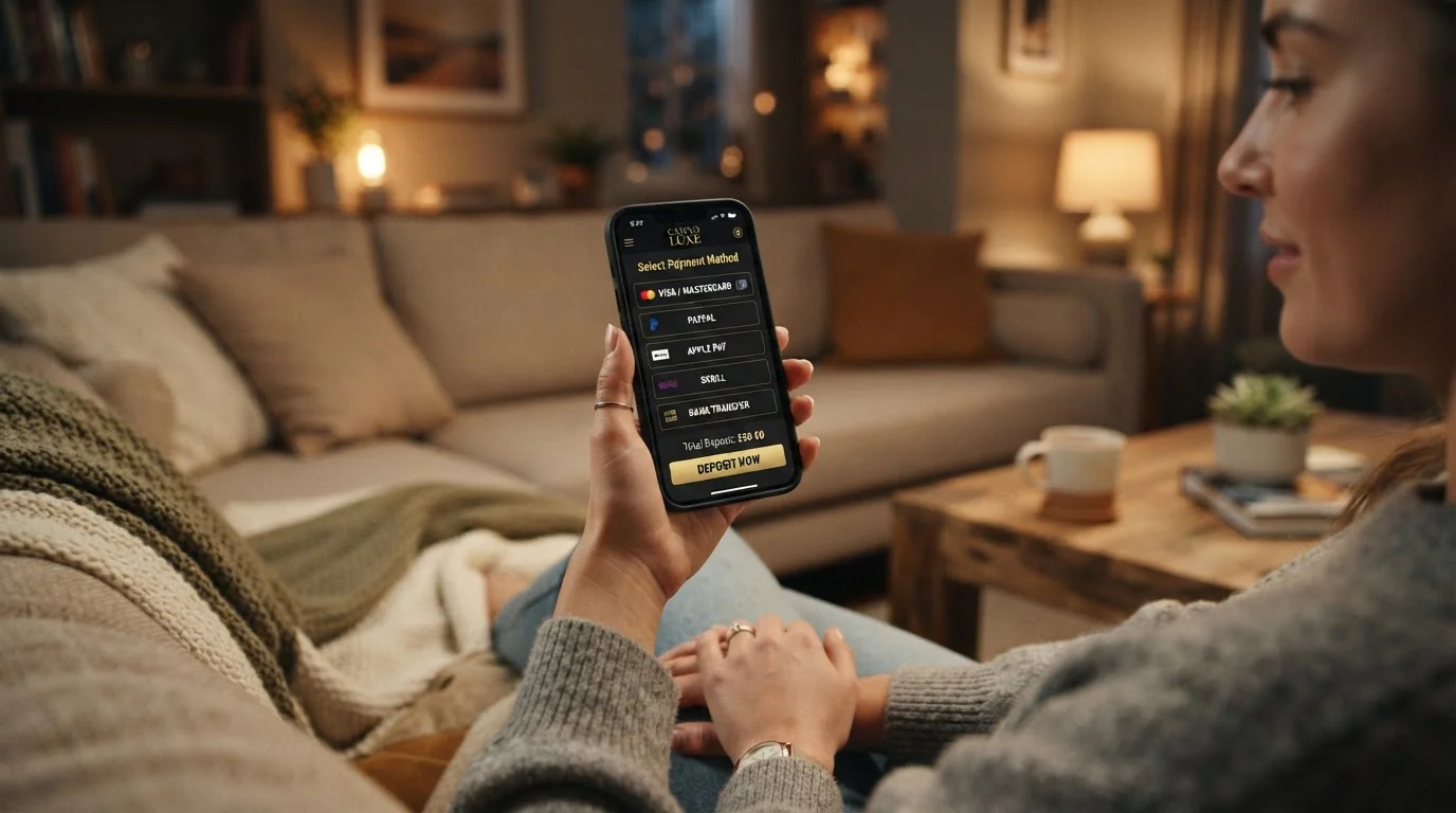 Hand holding a smartphone showing a mobile casino payment method screen in a home setting