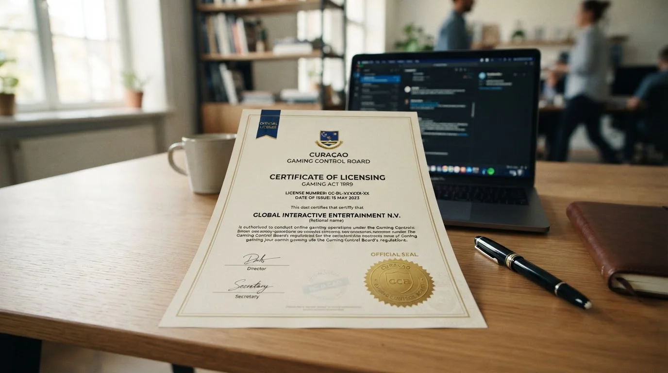 Curaçao gaming license certificate on desk with laptop