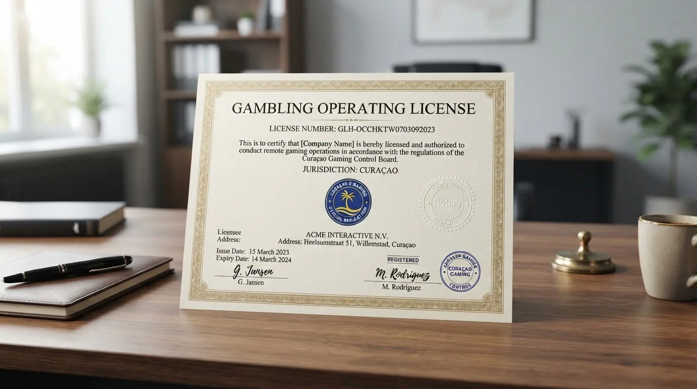 Offshore gambling license certificate with Curaçao jurisdiction marking