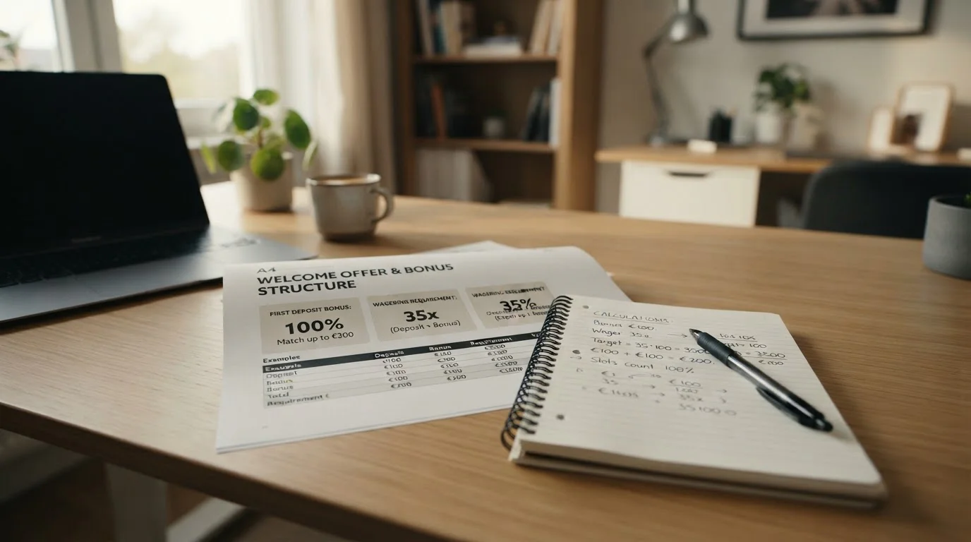 Welcome bonus promotional document on desk with calculator and notepad showing wagering calculations, clean office environment, no casino branding visible