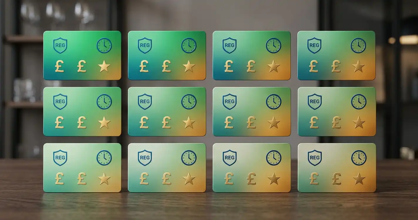 Grid of twelve casino operator cards showing license, threshold, and feature icons