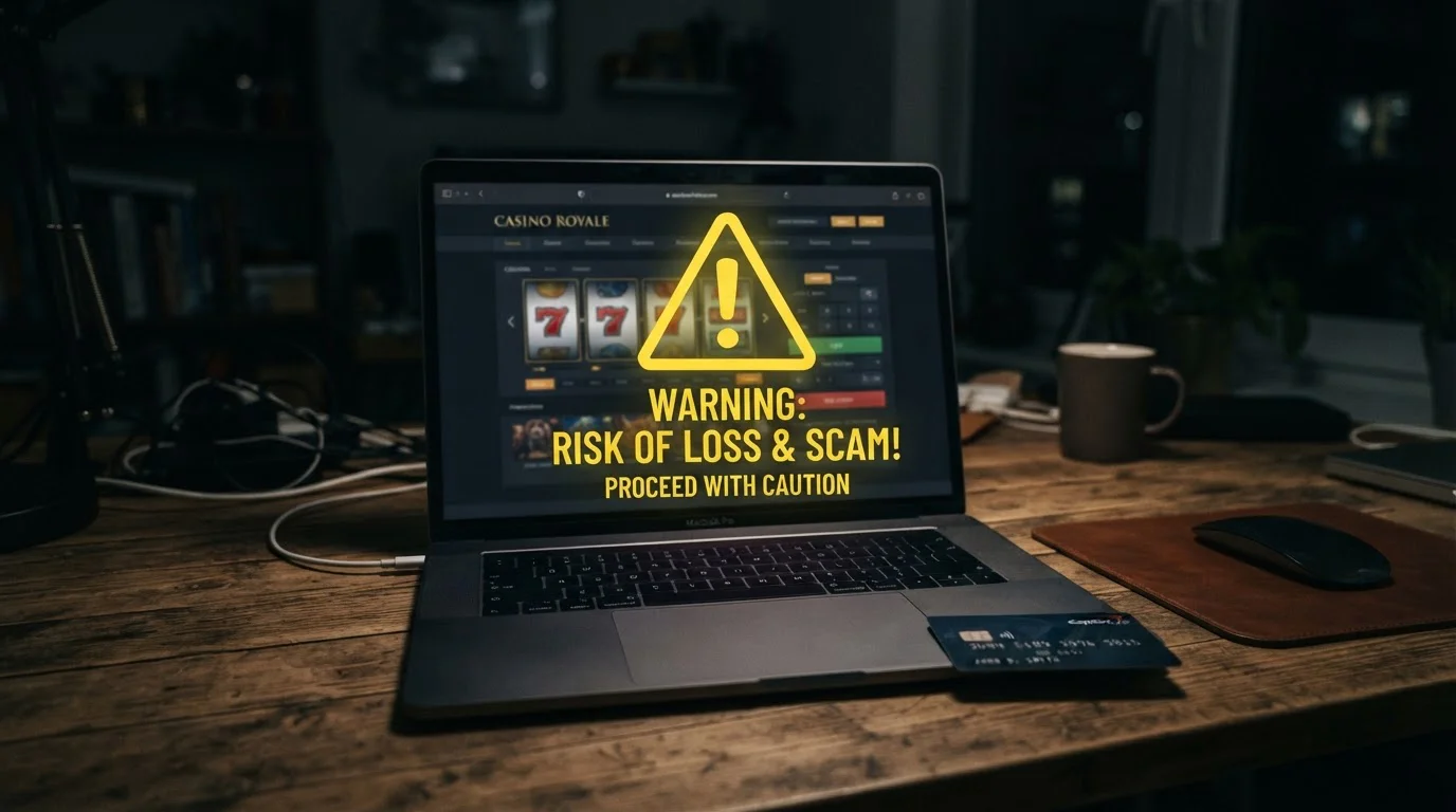 Warning sign overlaid on offshore casino website homepage with Curacao license badge