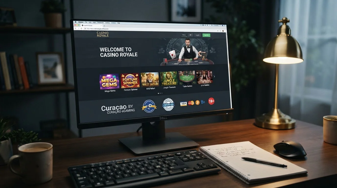 Computer screen showing offshore casino homepage with Curaçao license badge visible