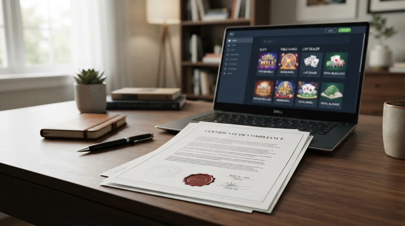 Legal document with official stamp on desk with laptop showing casino lobby interface
