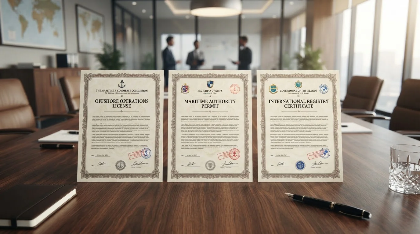 Three official license documents side by side on conference table with abstract seals