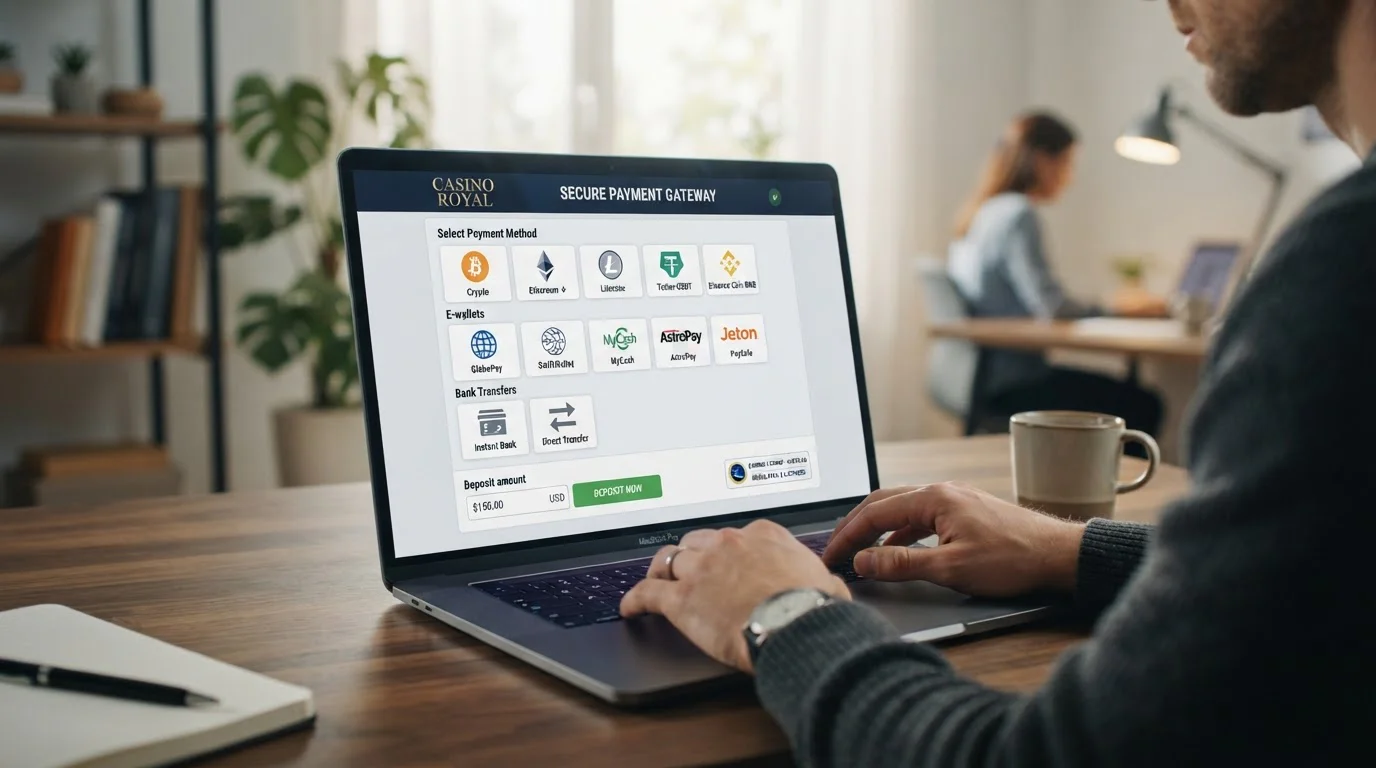 Laptop showing offshore casino cashier with Skrill Neteller Payz options and Curaçao license badge