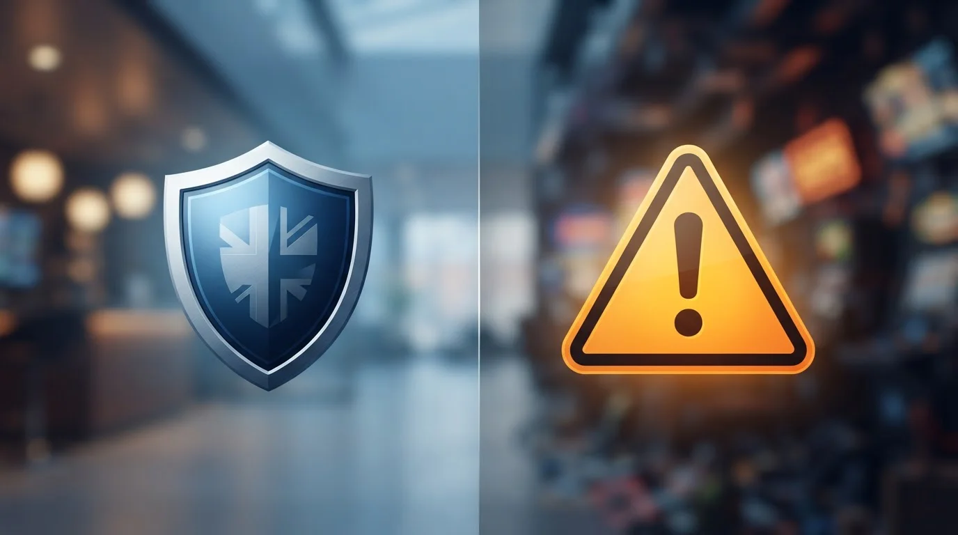 Split image showing UKGC protection shield versus offshore casino warning sign