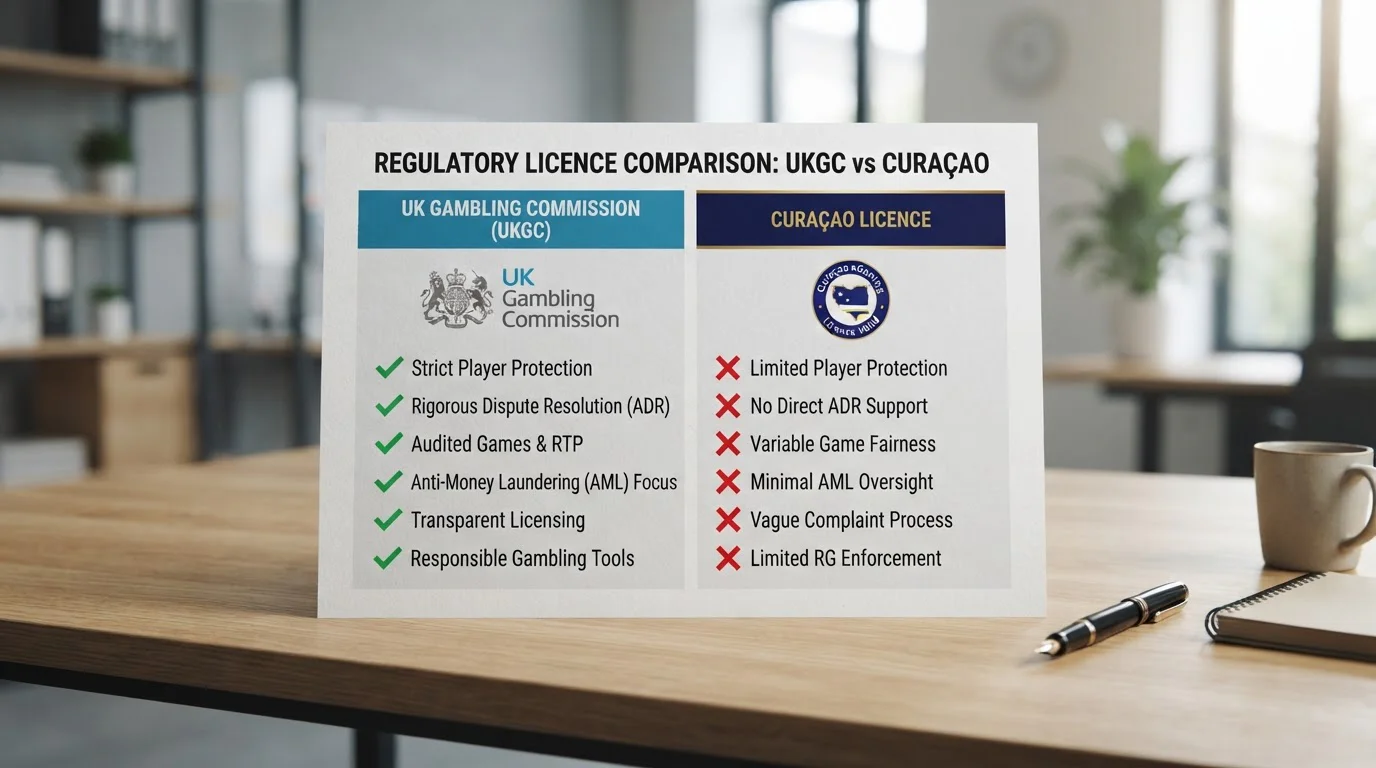 Comparison document showing UKGC licence badge versus offshore Curaçao licence with crossed-out UK consumer protections