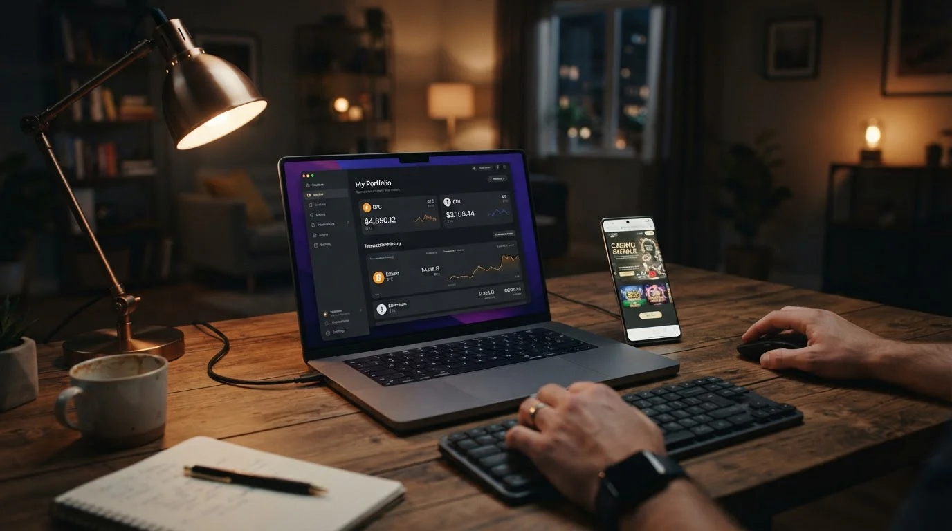 Laptop with cryptocurrency wallet and offshore casino interface