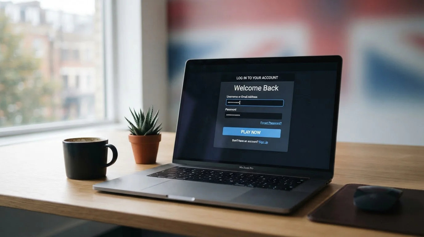 Modern laptop showing online casino instant play interface on clean desk