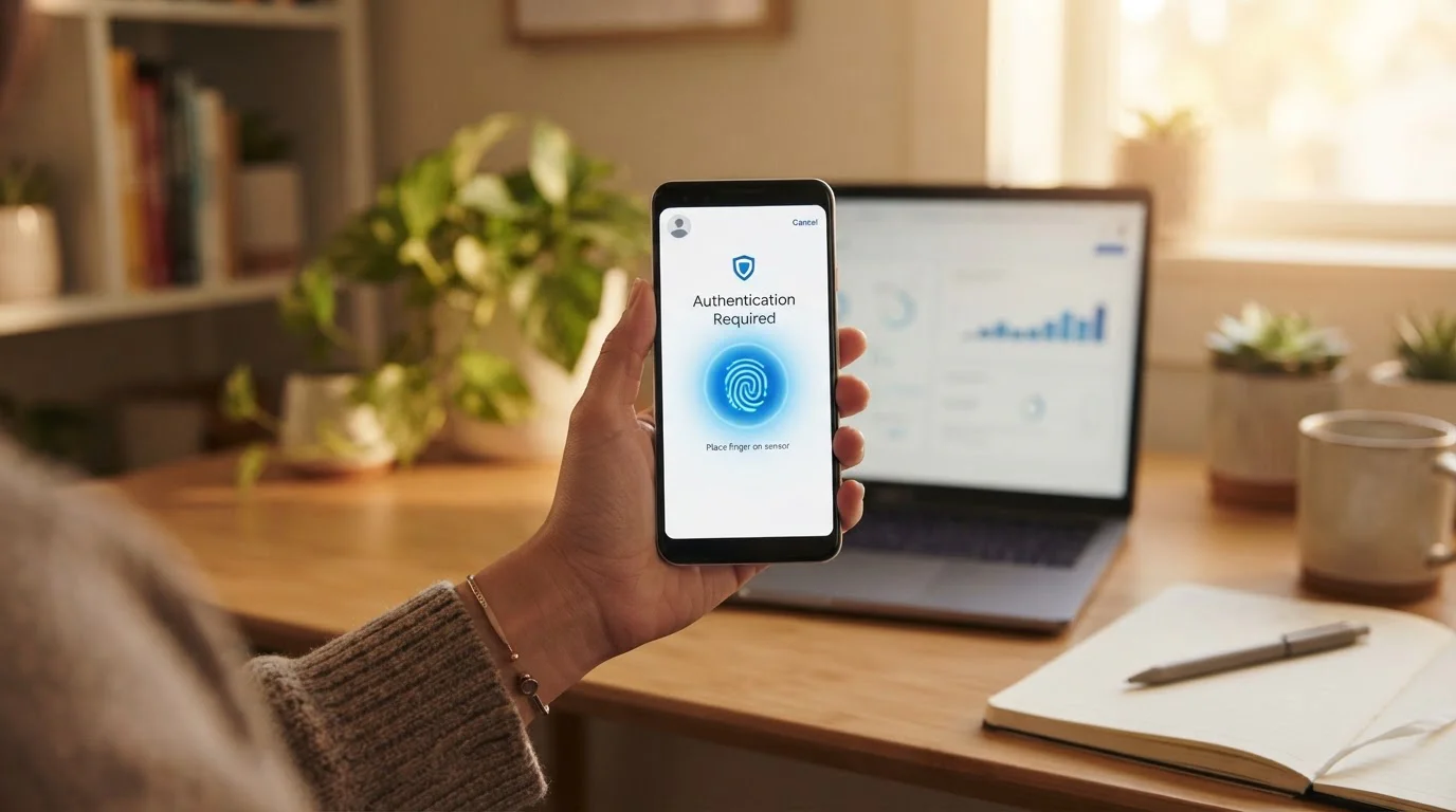 Smartphone showing banking app biometric authentication for casino payment